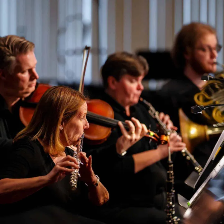 Musicians play various instruments, including a flute, violin, and horn, during a performance.