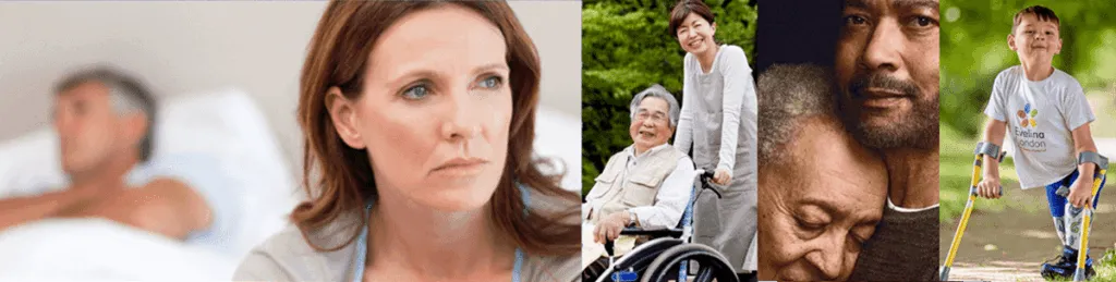 A woman looks thoughtfully while a man rests in bed, alongside various caregivers assisting others and a child with mobility aids.