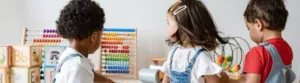 Three children are engaged with educational toys, including an abacus and building blocks, in a bright playroom.