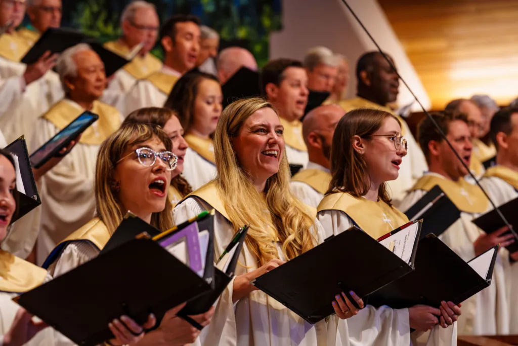 The chancel choir singing in traditional worship