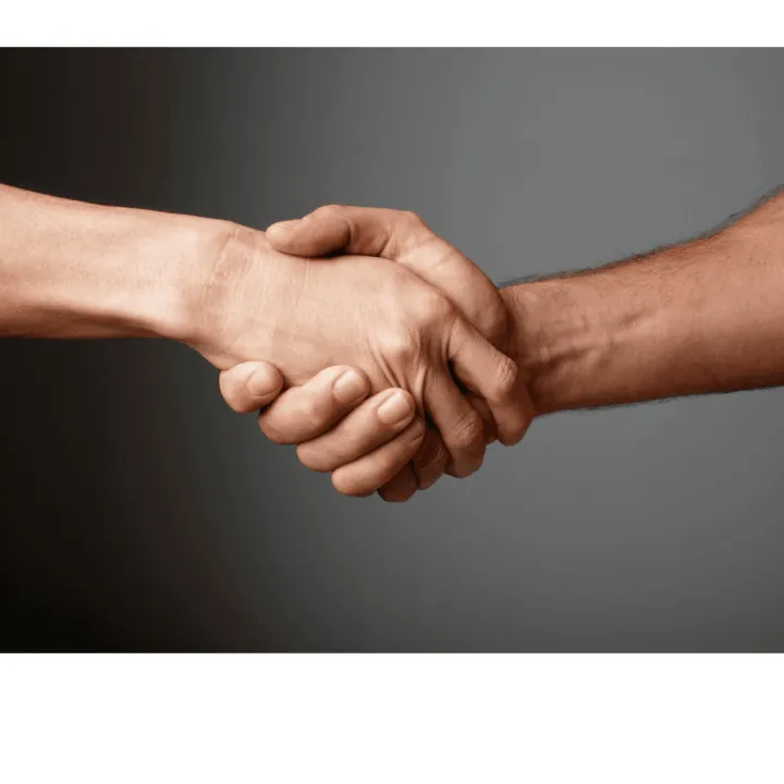 Two hands are shaking in a gesture of agreement or partnership against a neutral background.