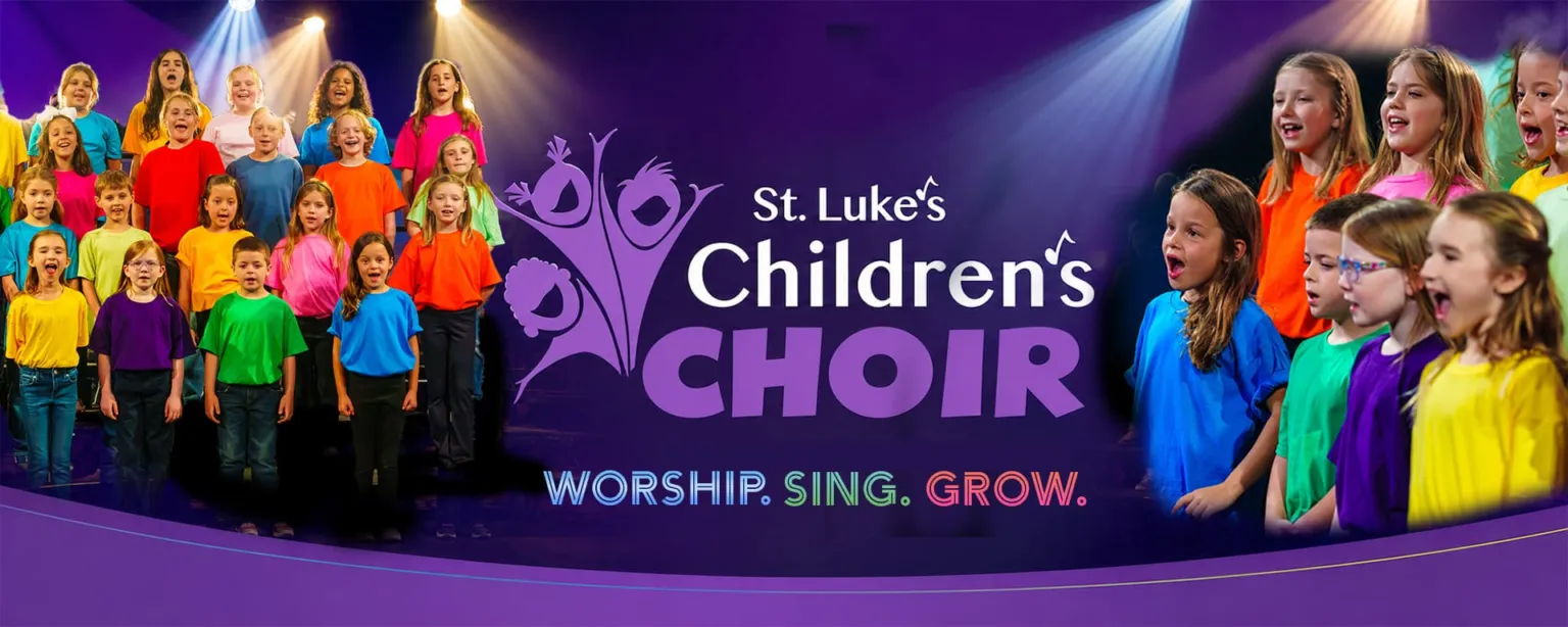 Children's choir members in colorful shirts sing on stage under bright lights, promoting worship and growth.