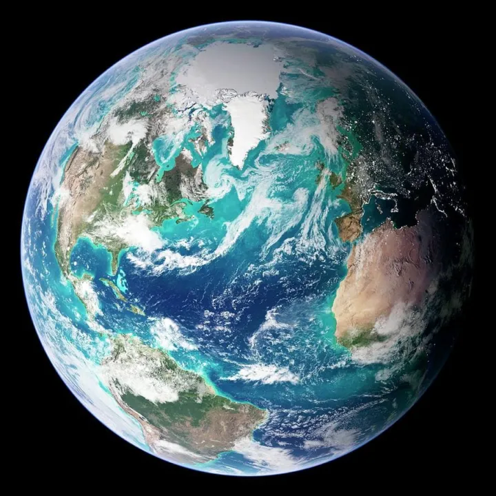 Earth is shown from space, highlighting its blue oceans and green landmasses against a black background.