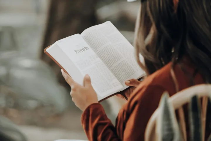 A person reads a Bible open to the book of Proverbs while seated outdoors.