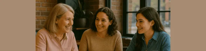 Three women are sitting together at a table, smiling and engaging in conversation.