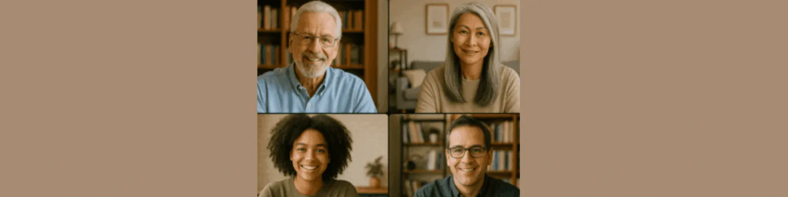 Four individuals are smiling and looking at the camera in a grid layout, with bookshelves in the background.
