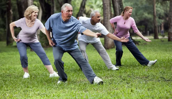 Four adults practice Tai Chi in a park, stretching and moving in unison on the grass.
