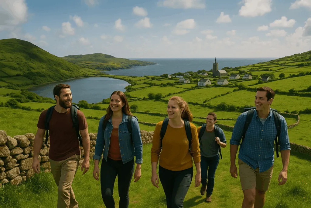 Five hikers walk along a scenic path with green hills and a lake in the background, enjoying the outdoors.