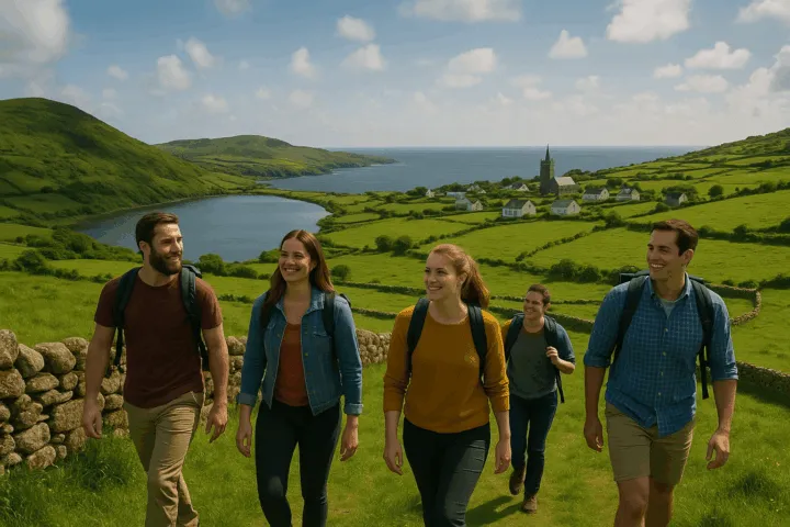 Five hikers walk along a scenic path with green hills and a lake in the background, enjoying the outdoors.