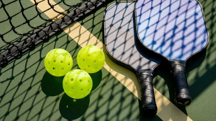 Pickleball paddles and bright yellow balls are placed on a green court beside a net.