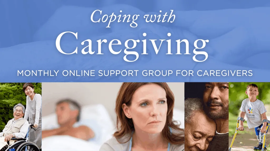 Coping with Caregiving graphic featuring diverse individuals, promoting a monthly online support group for caregivers.