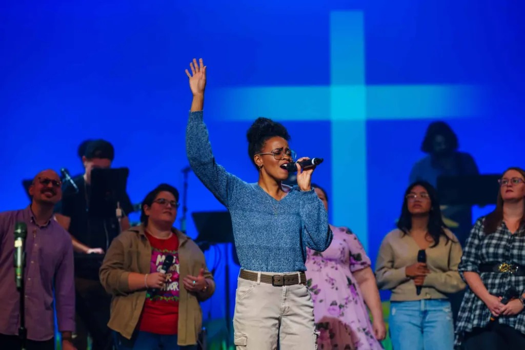 The praise band leading contemporary worship