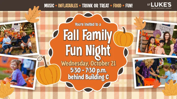 Fall Family Fun Night invitation featuring activities like music, inflatables, and trunk or treat on October 21.