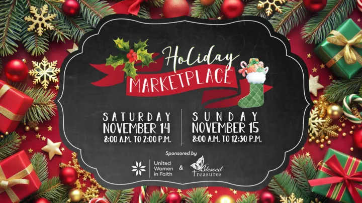 Holiday Marketplace event details with dates, times, and sponsors displayed on a festive background of gifts and decorations.