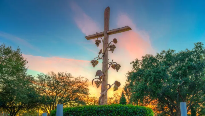 A wooden cross adorned with grapevine elements stands against a colorful sunset backdrop, surrounded by trees.