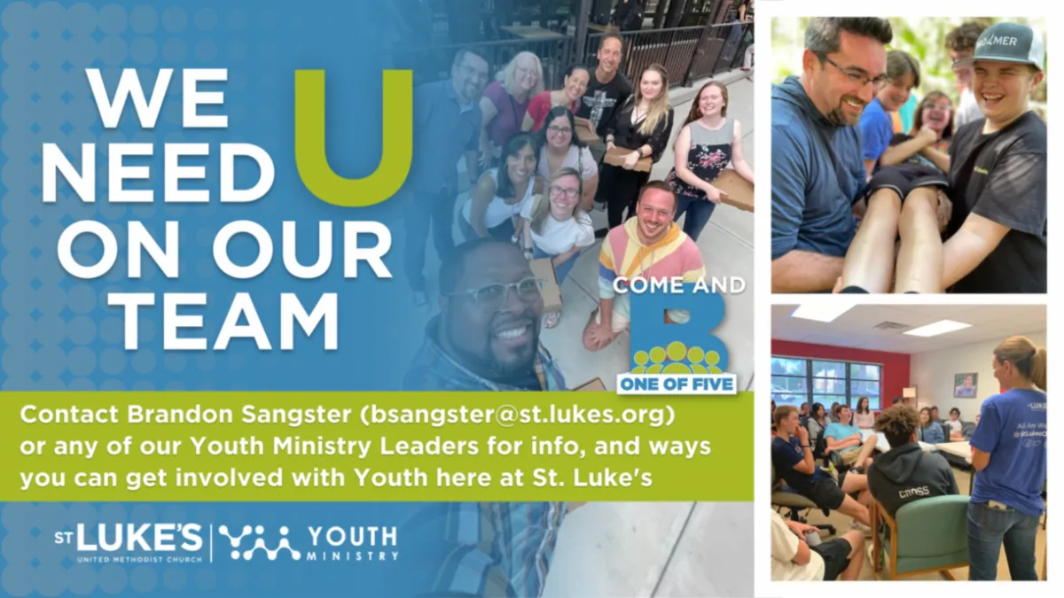 A graphic invites participation in St. Luke's Youth Ministry, featuring contact info and images of youth activities.