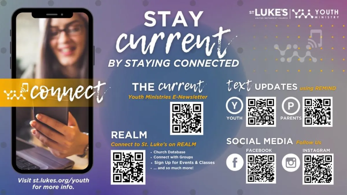 A smartphone displays a person smiling while engaging with a digital newsletter, alongside QR codes for connecting with youth ministries.