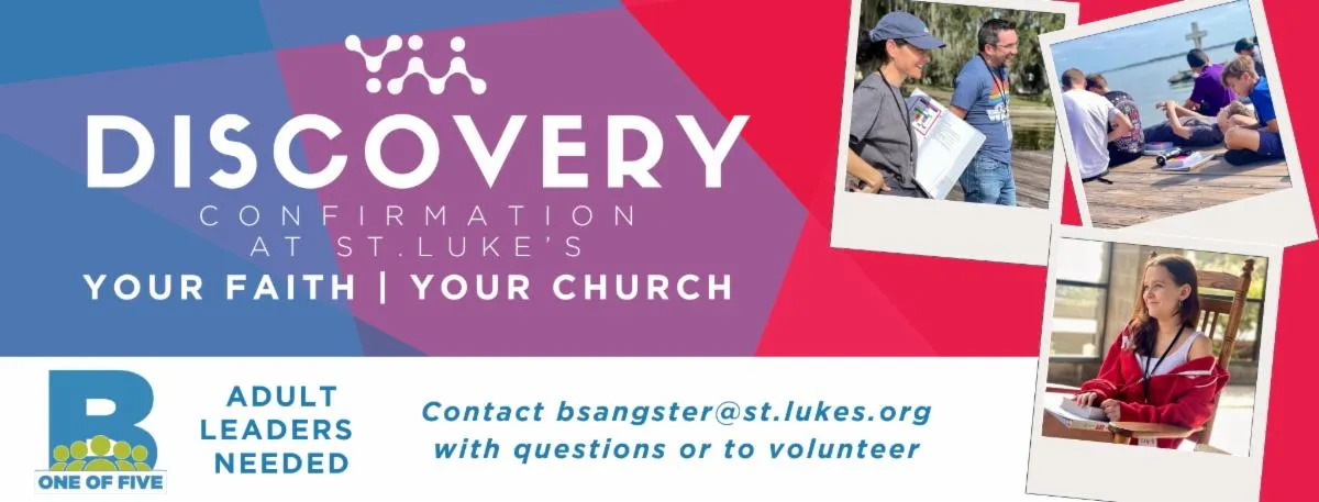 The graphic promotes a confirmation program at St. Luke's, featuring images of participants engaged in various activities.