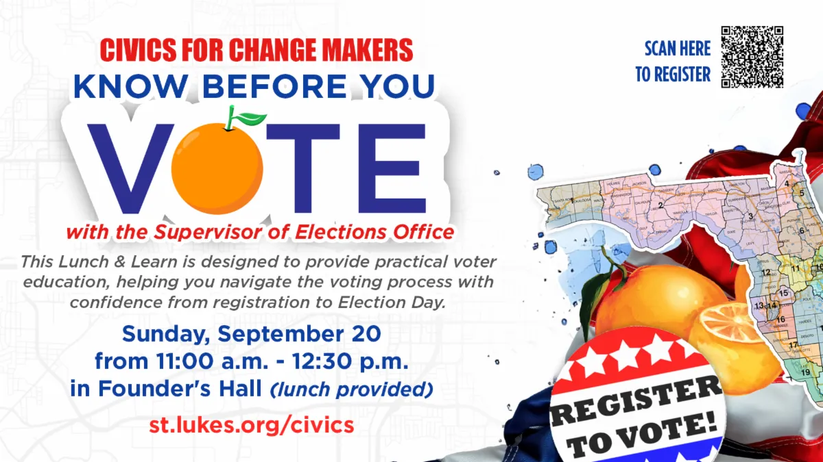 Event poster for a Lunch & Learn on voting, featuring details about the date, time, and registration information.