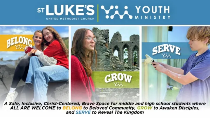 Youth ministry graphic featuring three sections: students smiling under "BELONG," ruins under "GROW," and a boy painting under "SERVE.