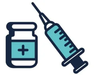 A vaccine vial and a syringe are illustrated side by side.