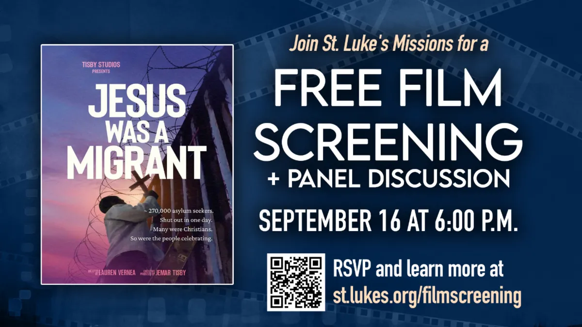 Promotional graphic for a free film screening titled "Jesus Was a Migrant," featuring event details and a QR code.