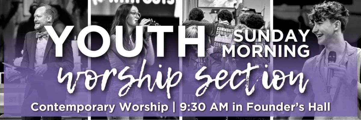 Youth worship section with people singing, speaking, and engaging during a contemporary worship service announcement.