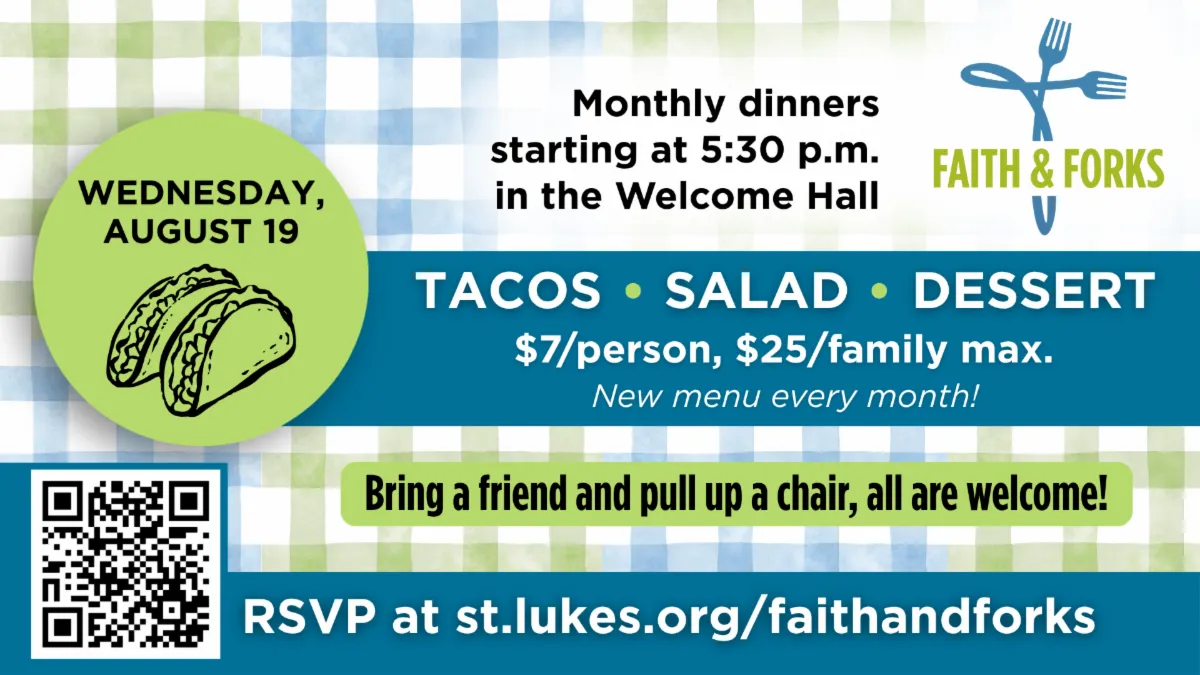 Graphic promoting a monthly dinner event featuring tacos, salad, and dessert, with RSVP details and pricing.