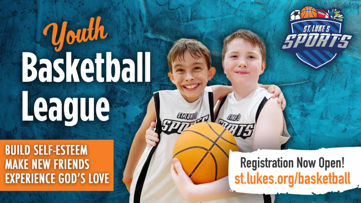 Two boys in basketball jerseys smile while holding a basketball, promoting a youth basketball league registration.