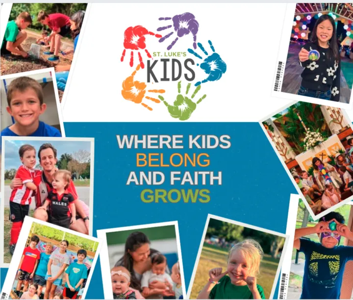 Colorful collage featuring children engaged in various activities, with the text "WHERE KIDS BELONG AND FAITH GROWS.