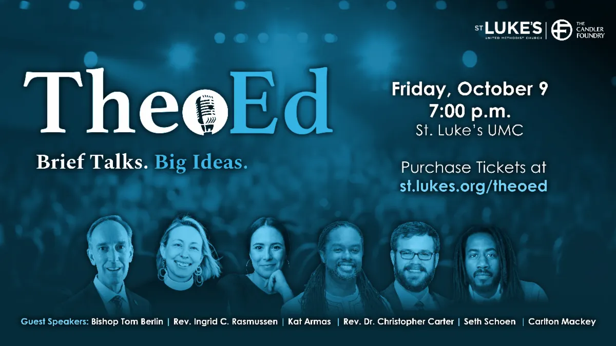 Graphic promoting "TheoEd" event featuring guest speakers and details about the date, time, and ticket purchase.