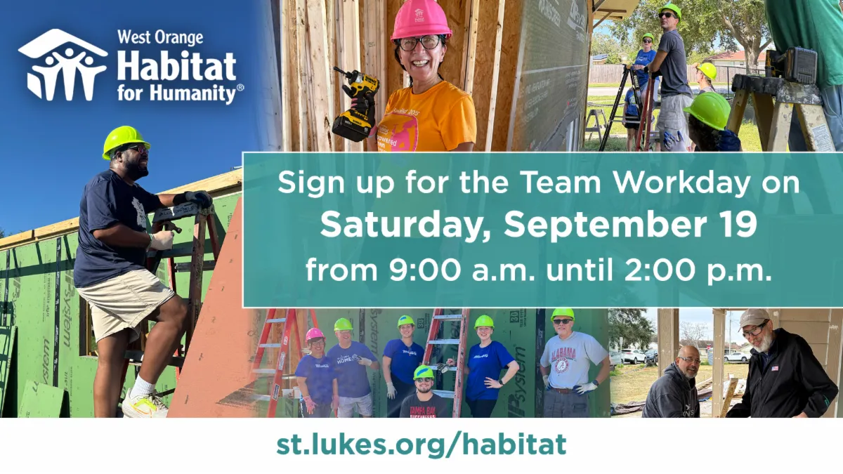 Habitat for Humanity volunteers work on a construction site, with details about a Team Workday on September 19.