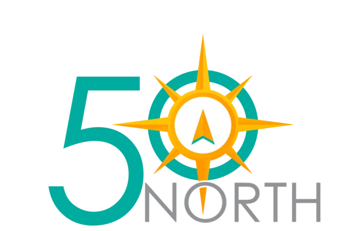 The graphic features the text "50 NORTH" alongside a compass design with an orange star and teal accents.