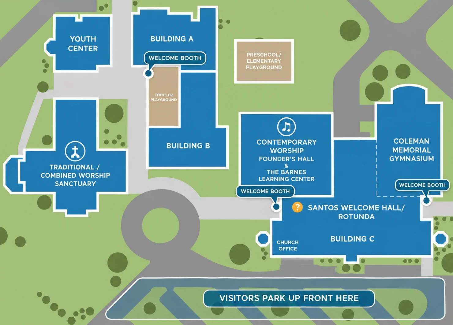 Map of the St. Luke’s campus: visitor parking up front by Building C, the Sanctuary for traditional and combined worship, Founder’s Hall for contemporary worship, Building C with the Santos Welcome Hall and church office, the Coleman Memorial Gymnasium, the Youth Center, Buildings A and B, and the three welcome booths